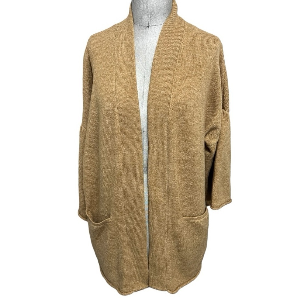 Lou & Grey Camel Tan Long Bell Sleeve Tight Knit Open Cardigan Oversized Size S